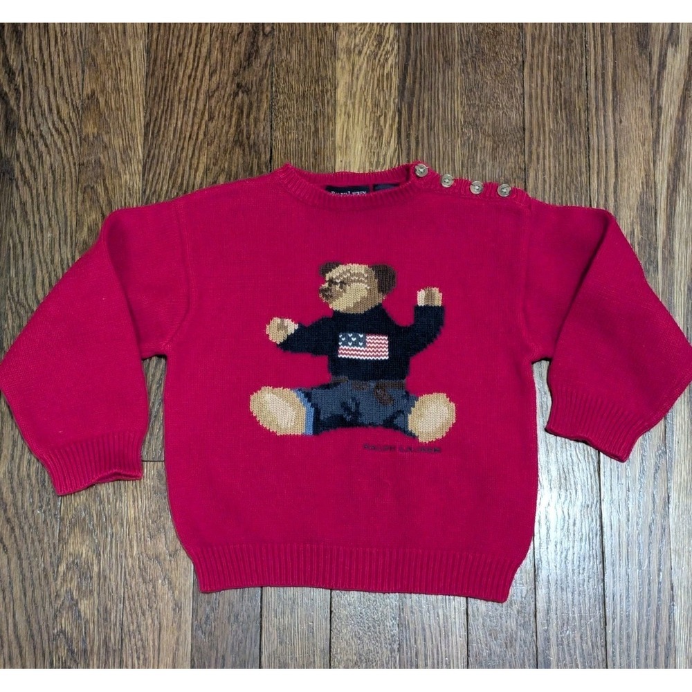 Vtg 90s Ralph Lauren Bear American Flag Crew Neck Sweater‎ Red Cotton Buttons 4T